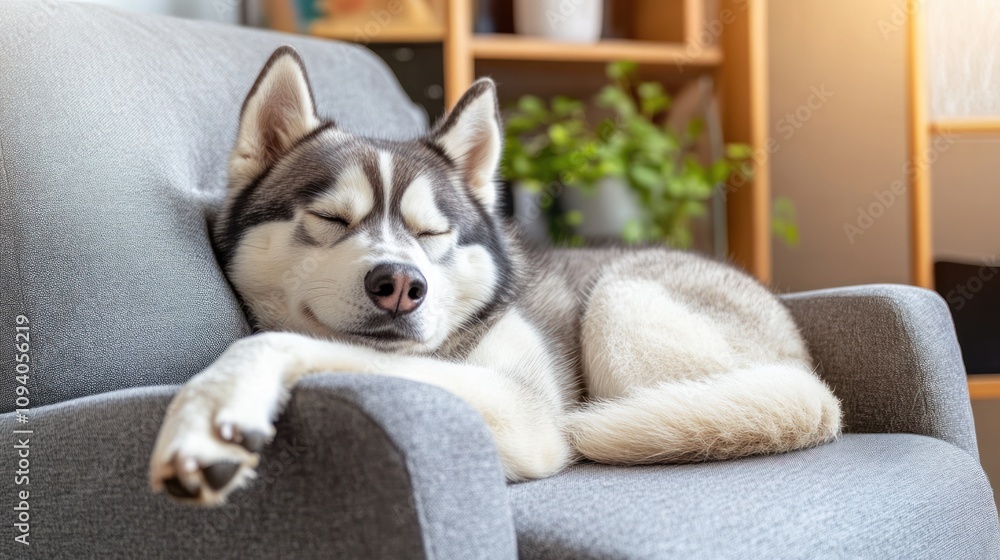 A sleeping husky rests comfortably on a gray armchair in a cozy indoor setting. A sleeping husky rests comfortably on a gray armchair in a cozy indoor setting.