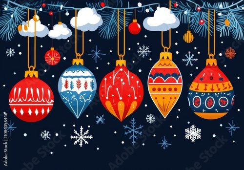 Colorful Christmas Ornaments Hanging from a Pine Tree with Snowflakes and Clouds on a Dark Background, Perfect for Holiday Decor and Festive Celebrations