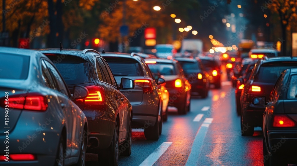 A busy street scene at dusk with traffic congestion and illuminated vehicle lights. A busy street scene at dusk with traffic congestion and illuminated vehicle lights.