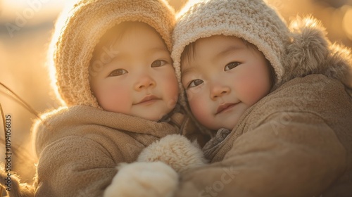 Serene Mongolian Twins Embracing in Earthy Tones Under Soft Sunlight - Close Connection and Cozy Warmth