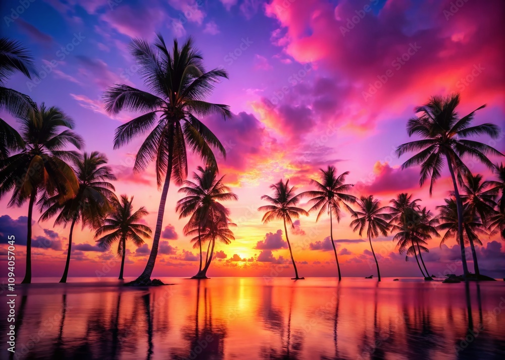Surreal Pink Sunset Over Tropical Ocean Beach with Silhouetted Coconut Palm Trees Creating a Dreamy Atmosphere of Tranquility and Paradise at Dusk Surreal Pink Sunset Over Tropical Ocean Beach with Silhouetted Coconut Palm Trees Creating a Dreamy Atmosphere of Tranquility and Paradise at Dusk
