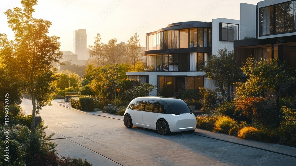 Futuristic Autonomous Electric Vehicle on a Serene Residential Street with Modern Houses at Sunset Futuristic Autonomous Electric Vehicle on a Serene Residential Street with Modern Houses at Sunset