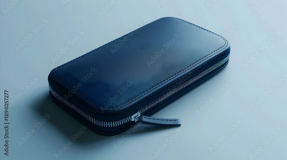 Elegant Blue Wallet Mockup Lying on White Background with Zipper Pouch and Suitcase Folder Elegant Blue Wallet Mockup Lying on White Background with Zipper Pouch and Suitcase Folder