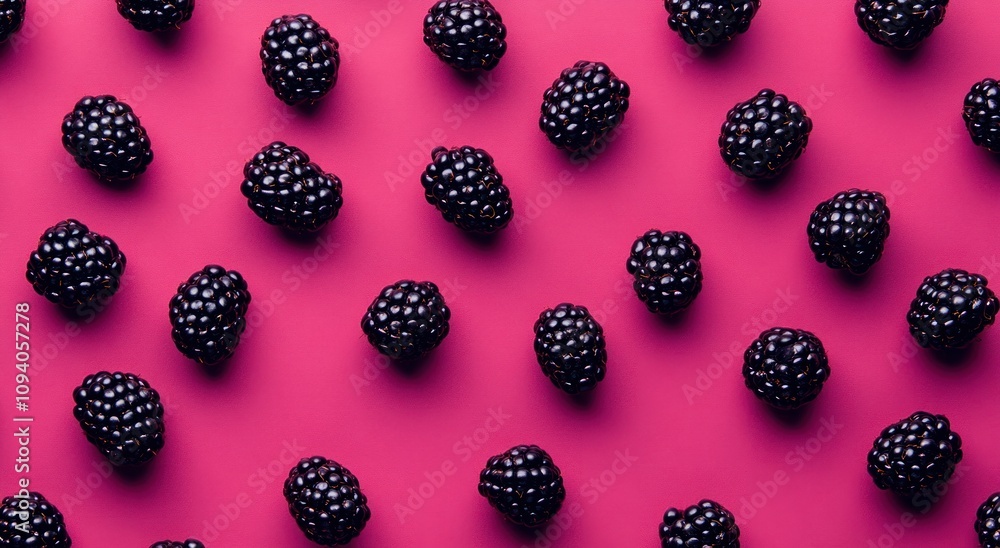 A flat lay of blackberries on a vibrant pink background. A flat lay of blackberries on a vibrant pink background.