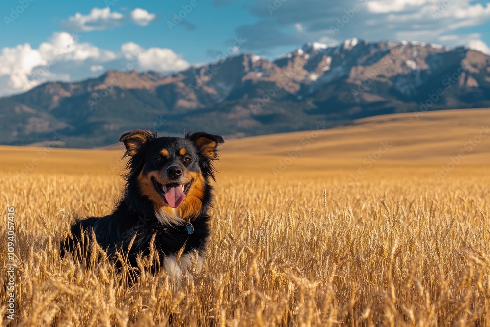 A happy dog sitting in a golden field with mountains in the background. A happy dog sitting in a golden field with mountains in the background.