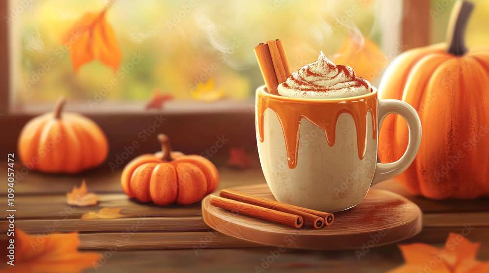 Warm pumpkin spice drink with cinnamon sticks and seasonal decorations in a cozy setting Warm pumpkin spice drink with cinnamon sticks and seasonal decorations in a cozy setting