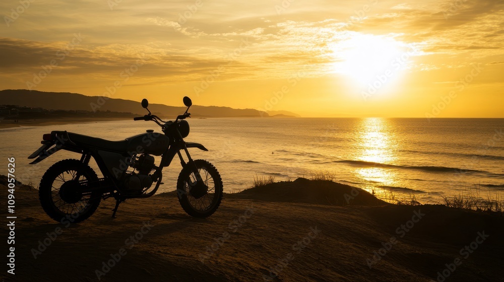Fototapeta premium Motorcycle Silhouette at Sunset on Beach