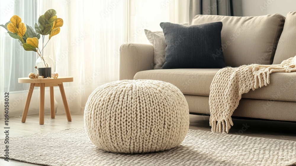 Cozy Knitted Pouf in a Modern Living Room Cozy Knitted Pouf in a Modern Living Room