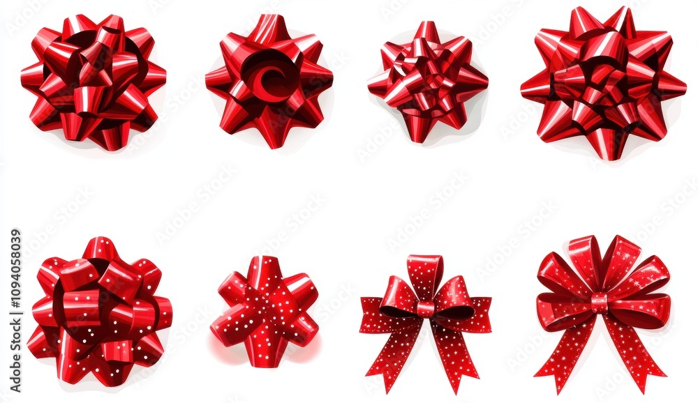 A Collection of Eight Distinct Red Decorative Bows in Various Styles Perfect for Gifts, Celebrations, and Holiday Decor Featuring Shiny and Matte Finishes A Collection of Eight Distinct Red Decorative Bows in Various Styles Perfect for Gifts, Celebrations, and Holiday Decor Featuring Shiny and Matte Finishes