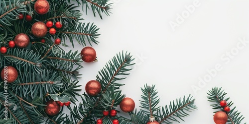  Christmas Fir Branches with Red Baubles and Copy Space