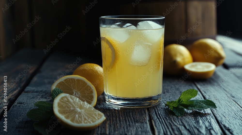Fototapeta premium Refreshing Lemon Soda in a Glass with Ice Cubes
