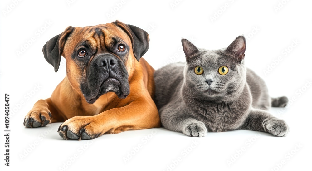 A dog and a cat lying together on a white background, showcasing companionship. A dog and a cat lying together on a white background, showcasing companionship.