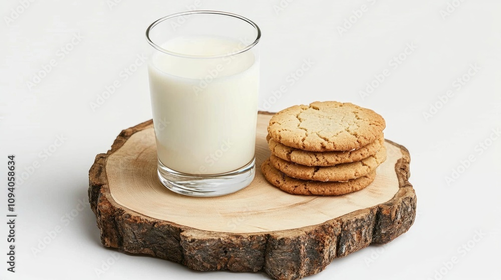 Glass of Milk Next to Cookies on Wooden Slice Glass of Milk Next to Cookies on Wooden Slice