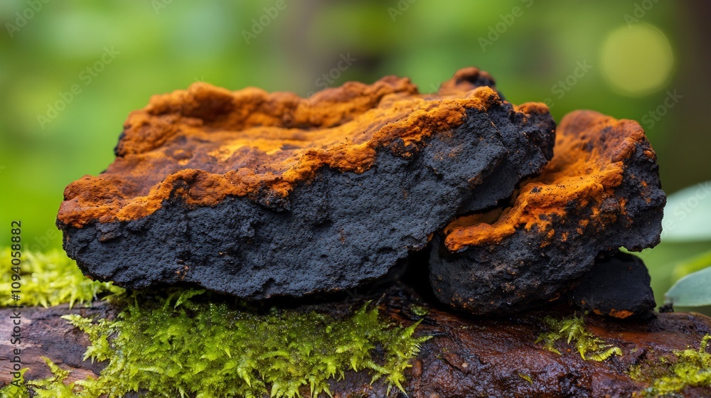 Chaga Mushroom Close-Up: Forest Floor Find in Lush Green Setting. AI Generated Chaga Mushroom Close-Up: Forest Floor Find in Lush Green Setting. AI Generated