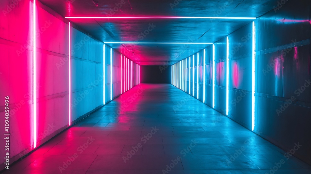 Neon Glow: 3D Render of a Pink and Blue Lit Corridor. AI Generated Neon Glow: 3D Render of a Pink and Blue Lit Corridor. AI Generated