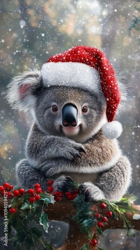 Wallpaper Mural A charming koala donning a festive Father Christmas hat brings a delightful touch of cuteness to the holiday season, radiating warmth and joy against a cheerful backdrop.  Torontodigital.ca