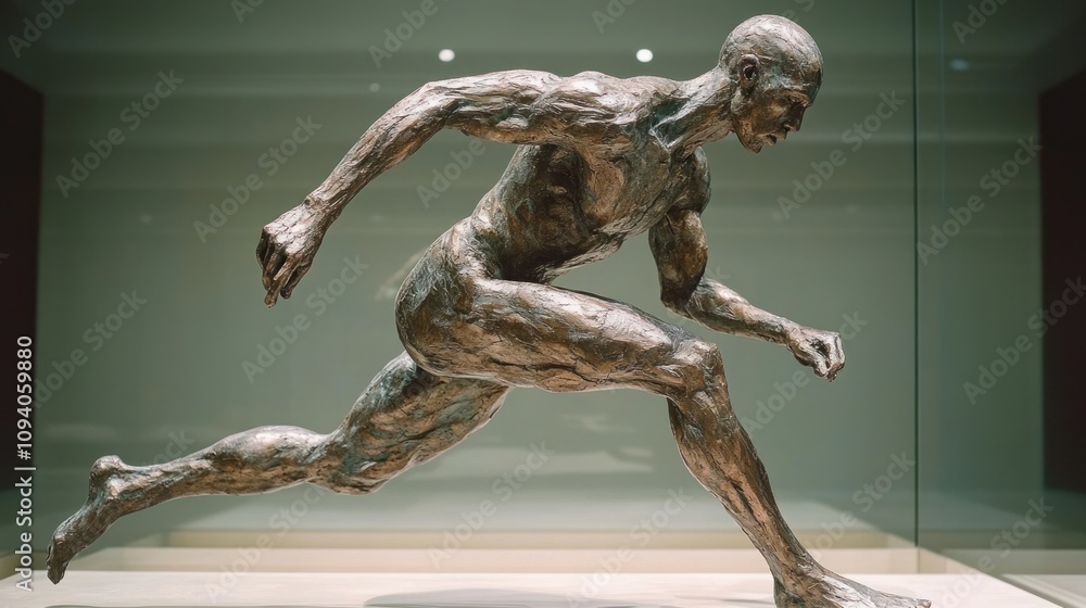 A dynamic bronze sculpture of a runner in mid-stride, showcasing athleticism and motion. A dynamic bronze sculpture of a runner in mid-stride, showcasing athleticism and motion.