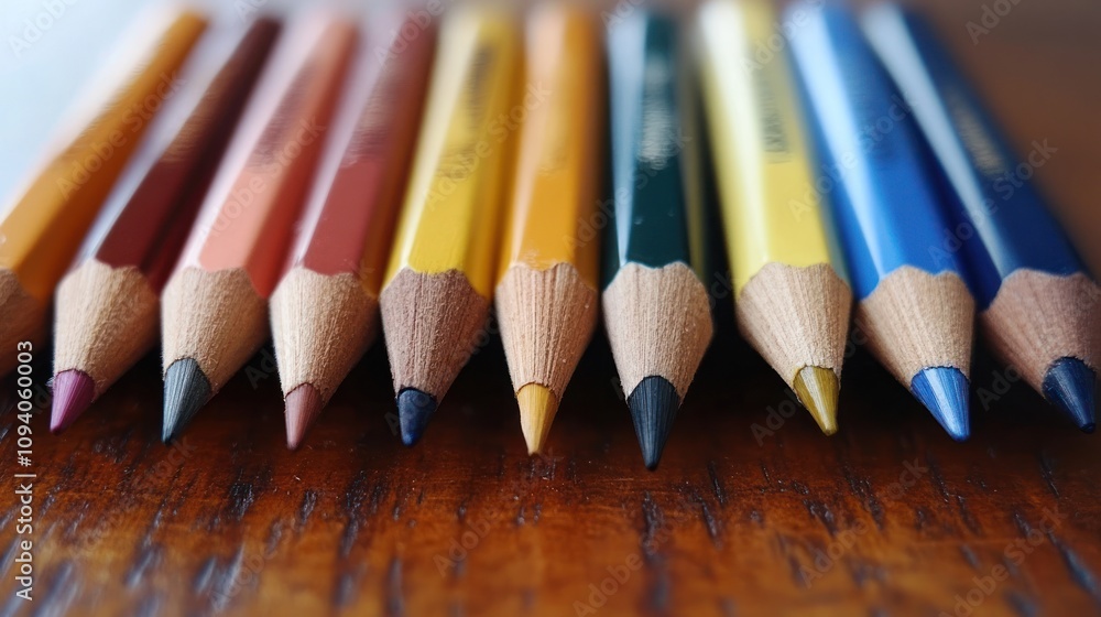 A close-up of colored pencils arranged in a row on a wooden surface. A close-up of colored pencils arranged in a row on a wooden surface.