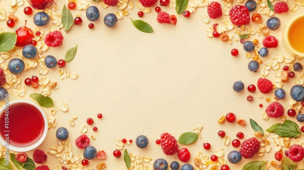 A colorful arrangement of berries, tea, and oats on a light background for a healthy lifestyle. A colorful arrangement of berries, tea, and oats on a light background for a healthy lifestyle.
