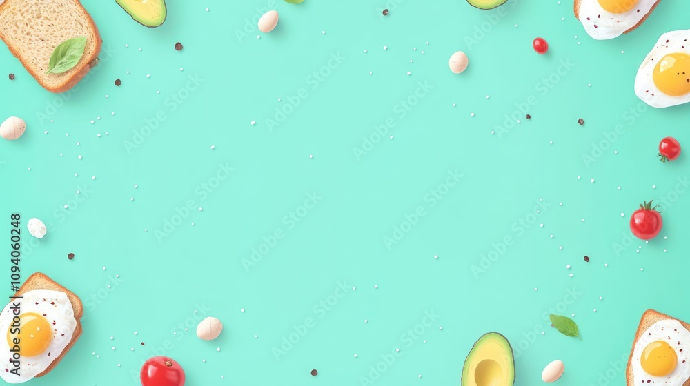A vibrant food layout featuring toast with eggs, avocado, and cherry tomatoes on a mint background. A vibrant food layout featuring toast with eggs, avocado, and cherry tomatoes on a mint background.