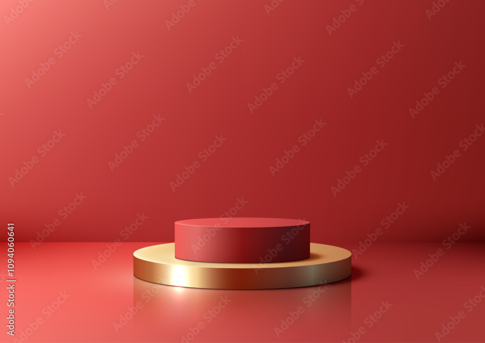Luxury 3D Red Cylinder on Gold Base with Vibrant Red Backdrop for Premium Product Display, Showroom Showcase, and Modern Mockup Concepts Luxury 3D Red Cylinder on Gold Base with Vibrant Red Backdrop for Premium Product Display, Showroom Showcase, and Modern Mockup Concepts