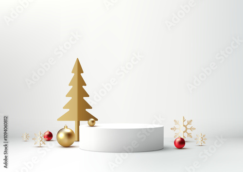 Festive Christmas Scene with 3D White Podium, Golden Tree, Red and Gold Ornaments, and Snowflakes for Product Display photo