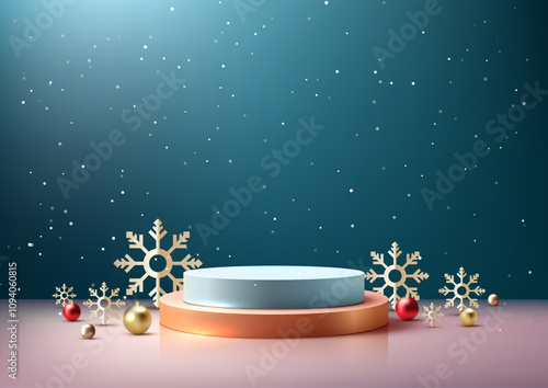 Festive Christmas Scene with 3D Two Tiered Podium, Golden Snowflakes, Red and Gold Ornaments on Snowy Blue Background