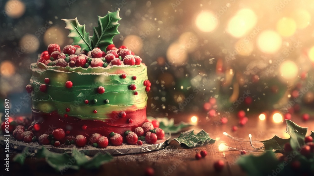 A festive cake decorated with red and green icing, topped with berries and holly for celebration. A festive cake decorated with red and green icing, topped with berries and holly for celebration.