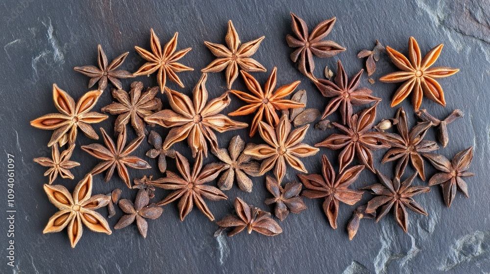 A variety of star anise pods arranged on a slate surface, showcasing their unique shapes. A variety of star anise pods arranged on a slate surface, showcasing their unique shapes.