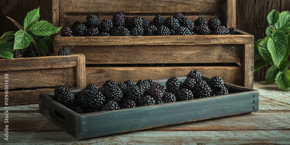 A rustic display of fresh blackberries in wooden crates on a textured surface. A rustic display of fresh blackberries in wooden crates on a textured surface.