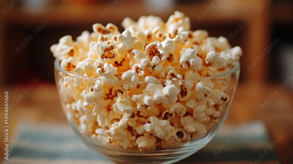 A clear glass bowl filled with fluffy popcorn, perfect for snacking during movies. A clear glass bowl filled with fluffy popcorn, perfect for snacking during movies.