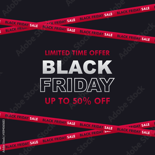 Black Friday Special Offers. Shopping banner with crossed discount ribbons. Modern Minimal Abstract Background. For social media post template, advertising design
