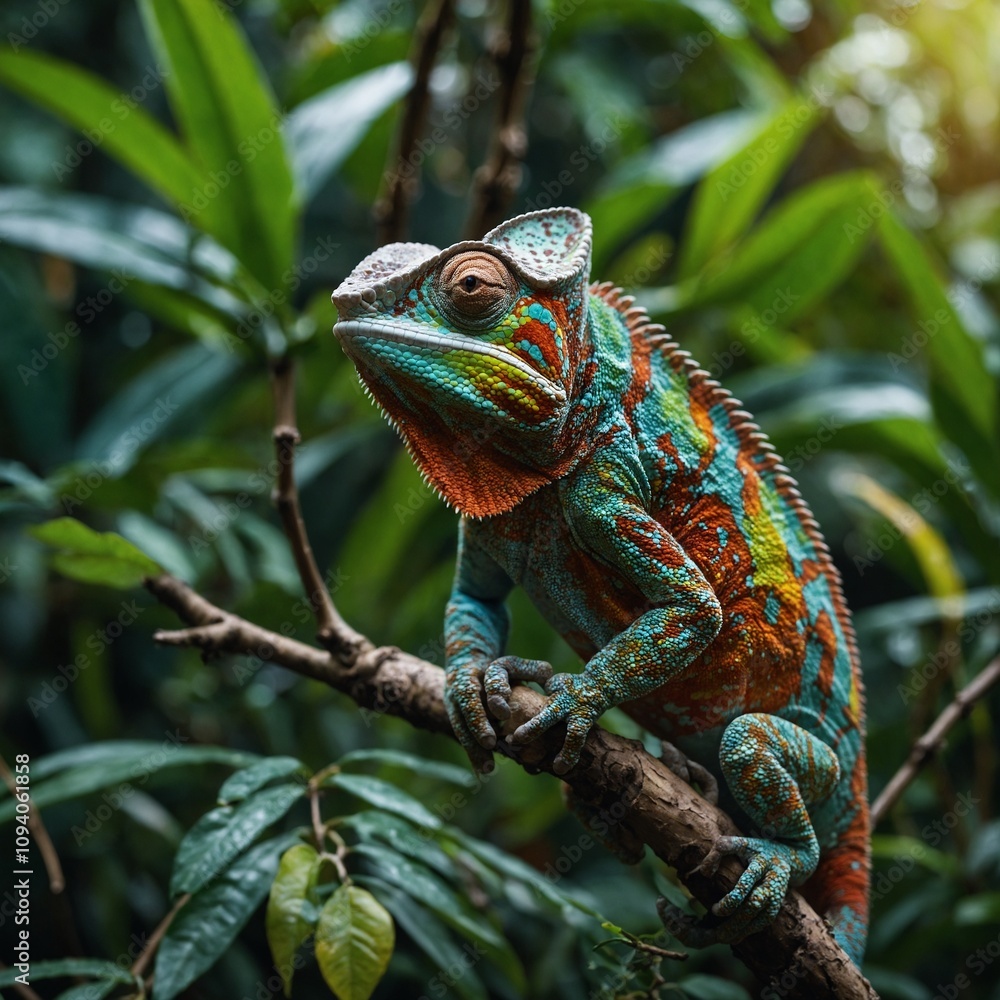 A close-up of a chameleon changing colors on a tree branch in a dense rainforest. A close-up of a chameleon changing colors on a tree branch in a dense rainforest.
