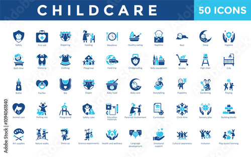 Childcare icons set with safety, first aid, diapering, feeding, mealtime, healthy eating, naptime, rest, sleep, hygiene icon. Simple flat vector 

