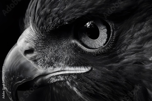 Close-up of eagle's eye, intense gaze, sharp details of feathers, subtle reflection of sky in eye, soft lighting, minimal background.  photo