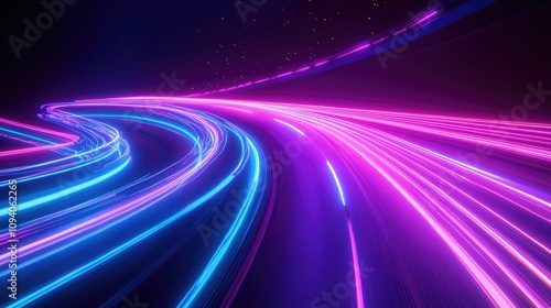 Abstract glowing blue and pink light trails on a curved path.