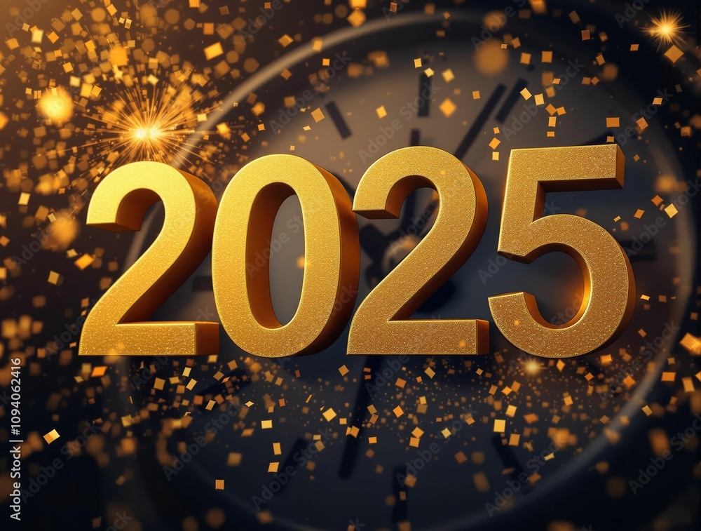 New Year 2025 Background, Shining background with clock with golden numbers 2025, fireworks, bokeh, confetti, for New Year decor, background, greeting posters, cards New Year 2025 Background, Shining background with clock with golden numbers 2025, fireworks, bokeh, confetti, for New Year decor, background, greeting posters, cards