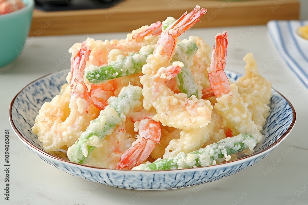 A colorful plate of crispy tempura vegetables and shrimp, beautifully arranged, with copyspace and a vibrant kitchen background. Soft, inviting light. National Tempura Day A colorful plate of crispy tempura vegetables and shrimp, beautifully arranged, with copyspace and a vibrant kitchen background. Soft, inviting light. National Tempura Day