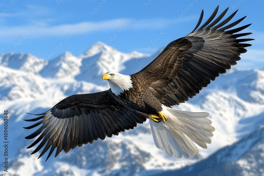 Majestic eagle soaring over snowy mountains, sharp focus on wings, sunlight glinting through feathers, clear blue sky background. Majestic eagle soaring over snowy mountains, sharp focus on wings, sunlight glinting through feathers, clear blue sky background.