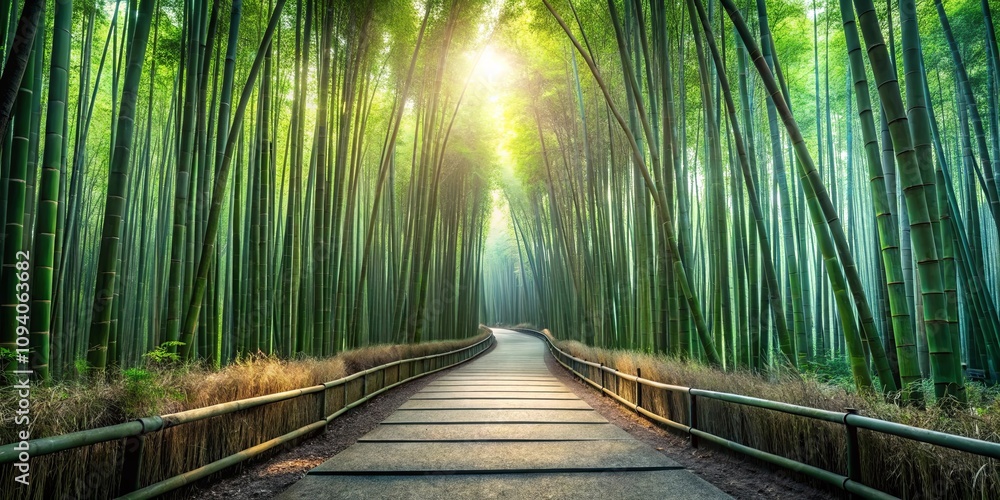Fototapeta premium Serene Pathway Through a Lush Bamboo Forest Bathed in Sunlight