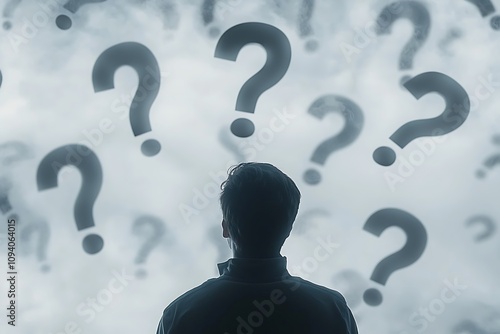 A person stands in contemplation, surrounded by floating question marks, symbolizing uncertainty and inquiry. photo