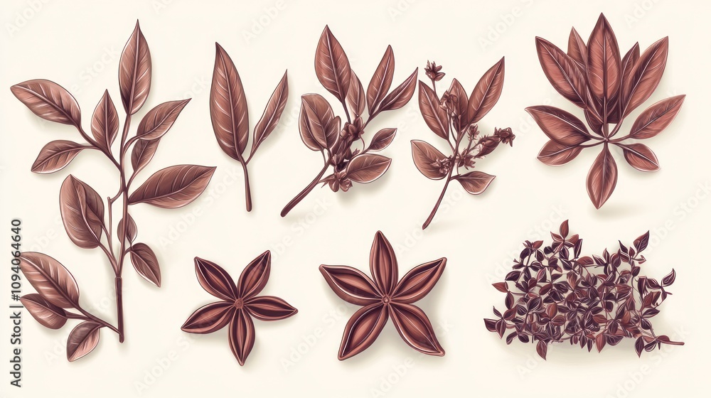 A collection of stylized botanical illustrations featuring various leaves and herbs. A collection of stylized botanical illustrations featuring various leaves and herbs.