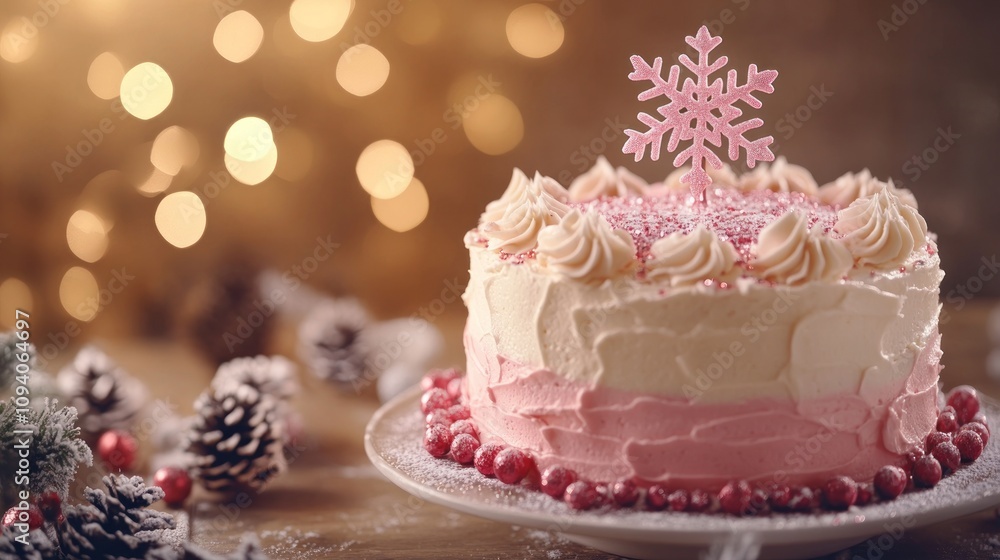 A festive pink and white cake adorned with a snowflake, perfect for holiday celebrations. A festive pink and white cake adorned with a snowflake, perfect for holiday celebrations.