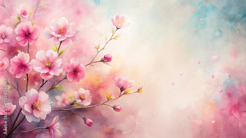 Delicate Pink Blossoms on Branches, Watercolor Painting of Spring Flowers, Soft Pastel Hues and Artistic Background Delicate Pink Blossoms on Branches, Watercolor Painting of Spring Flowers, Soft Pastel Hues and Artistic Background