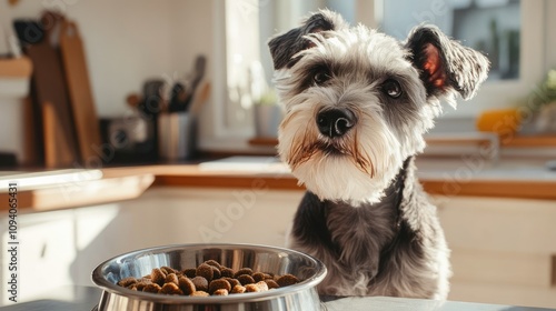 A small dog looks up expectantly at its owner, waiting for food.