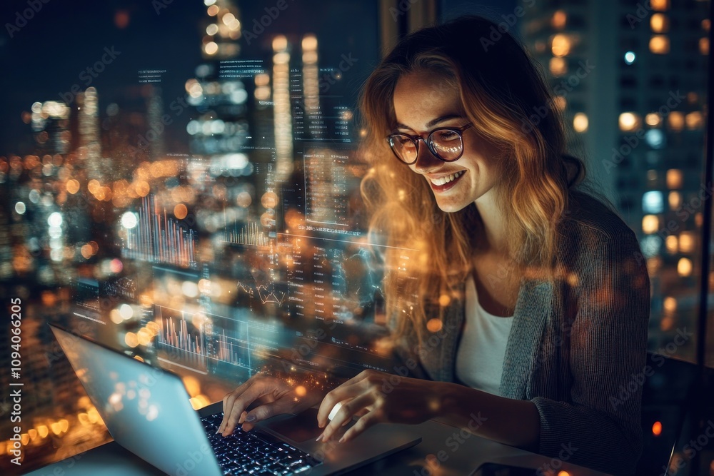 A woman smiles while working on a laptop at night, illuminated by city lights. A woman smiles while working on a laptop at night, illuminated by city lights.