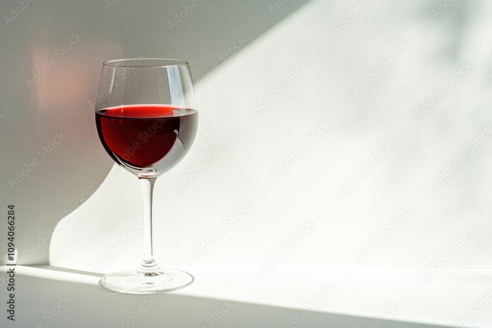 A glass of red wine on a white surface, illuminated by soft light and shadows. A glass of red wine on a white surface, illuminated by soft light and shadows.