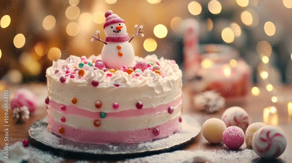 A festive cake topped with a snowman decoration, surrounded by holiday lights and treats. A festive cake topped with a snowman decoration, surrounded by holiday lights and treats.