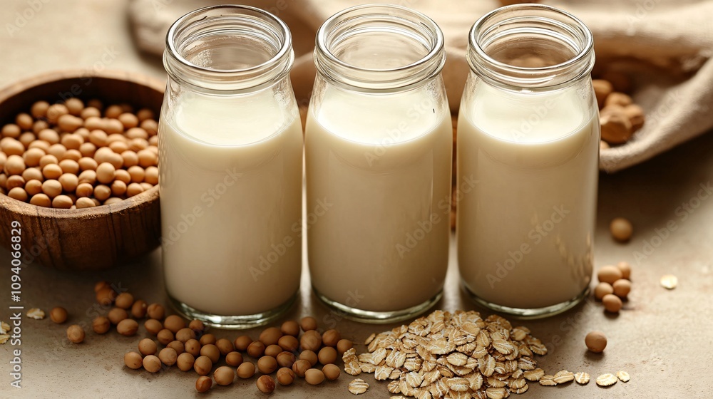 16.Overhead view of three glass bottles filled with milk, placed next to a wooden bowl of assorted nuts, oatmeal flakes scattered around, and a small heap of soybeans on a beige surface. 16.Overhead view of three glass bottles filled with milk, placed next to a wooden bowl of assorted nuts, oatmeal flakes scattered around, and a small heap of soybeans on a beige surface.