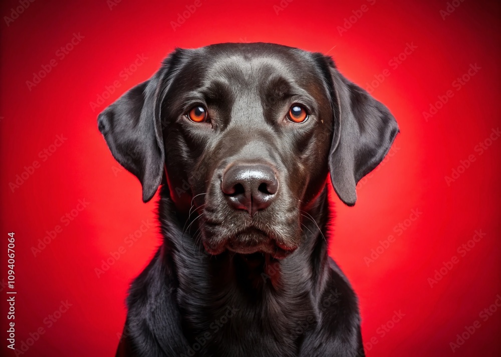 Tilt-Shift Photography of a Black Labrador in Studio with Vibrant Red Background, Perfect for Custom Text and Creative Projects Tilt-Shift Photography of a Black Labrador in Studio with Vibrant Red Background, Perfect for Custom Text and Creative Projects